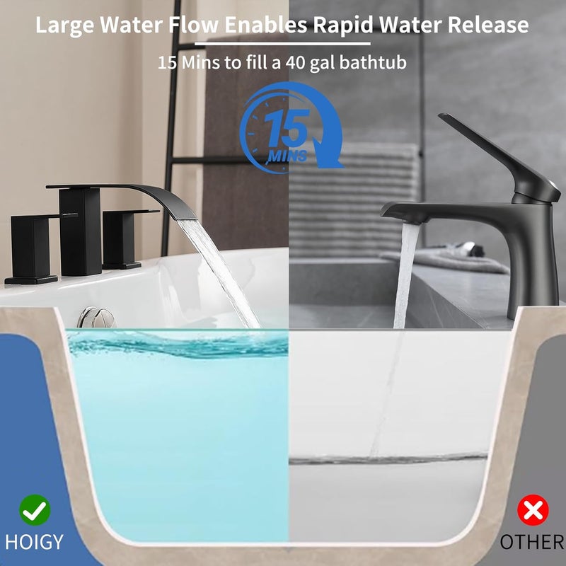 RUMOSE Matte Black Roman Bathtub Faucet Set Waterfall Tub Faucets High Flow Widespread 6-16 Inch 3 Holes Deck Mount Tub Filler 2 Handles Bathtub Filler Soaking Bath Faucet - Image 4